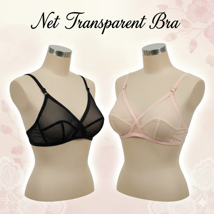 Pack of 2 Non-Padded & Non-Wired Full Net Transparent Cotton Bras – Soft & Comfortable