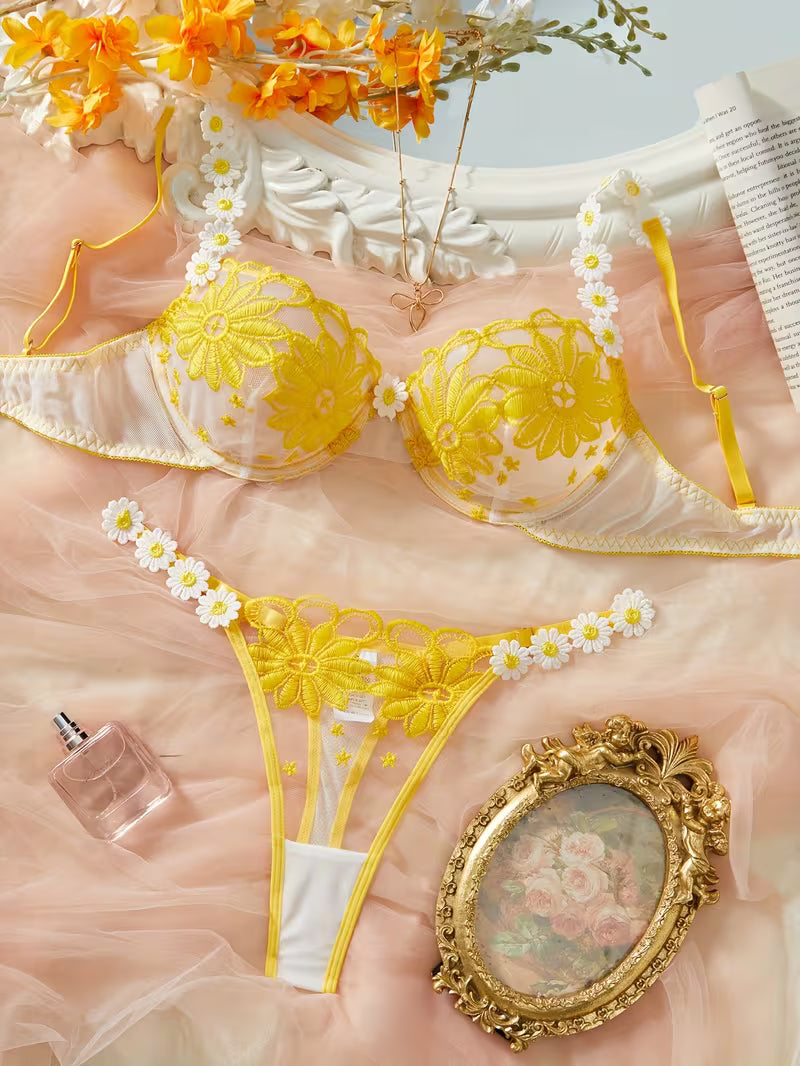 Women'S Multi-Color Daisy Embroidered Lingerie Set, Sheer Mesh Design, Underwire for Lift And Support Bra set