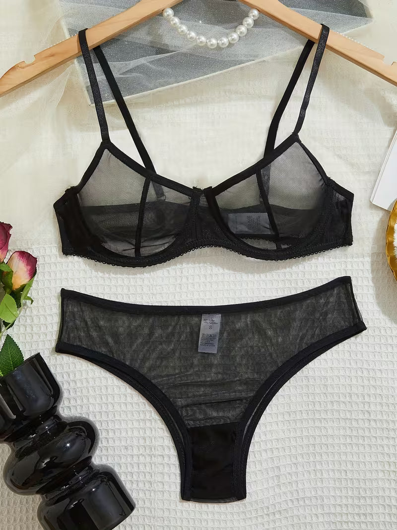 Women'S Sexy Mesh Floral Embroidery Lingerie Sheer Panties Camisole 2pcs Set