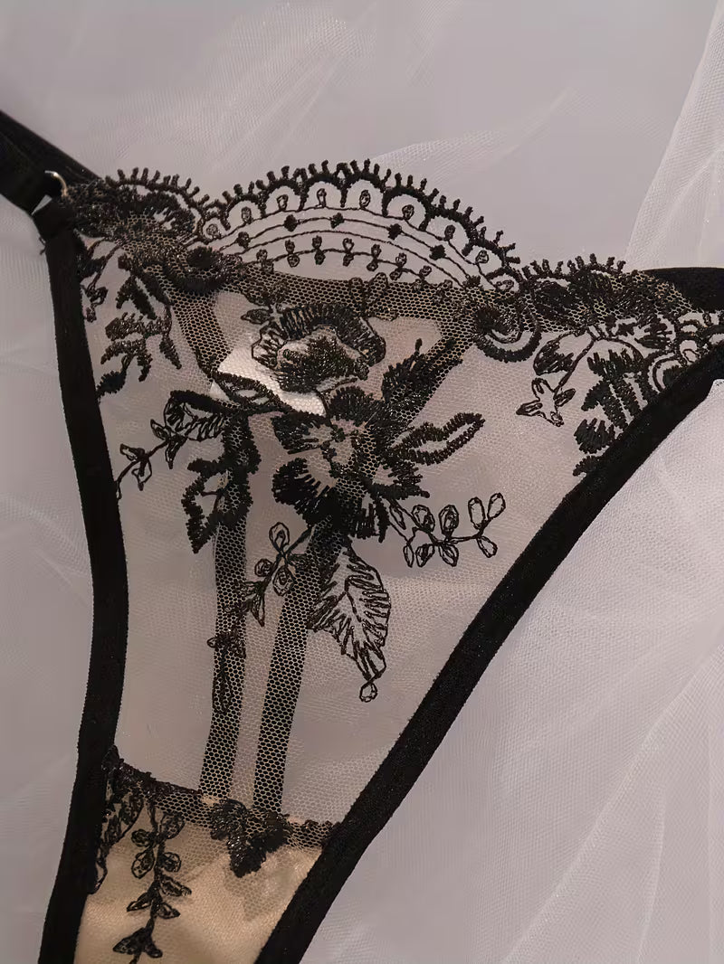 Women'S Multi-Color Daisy Embroidered Lingerie Set, Sheer Mesh Design, Underwire for Lift And Support Bra Set