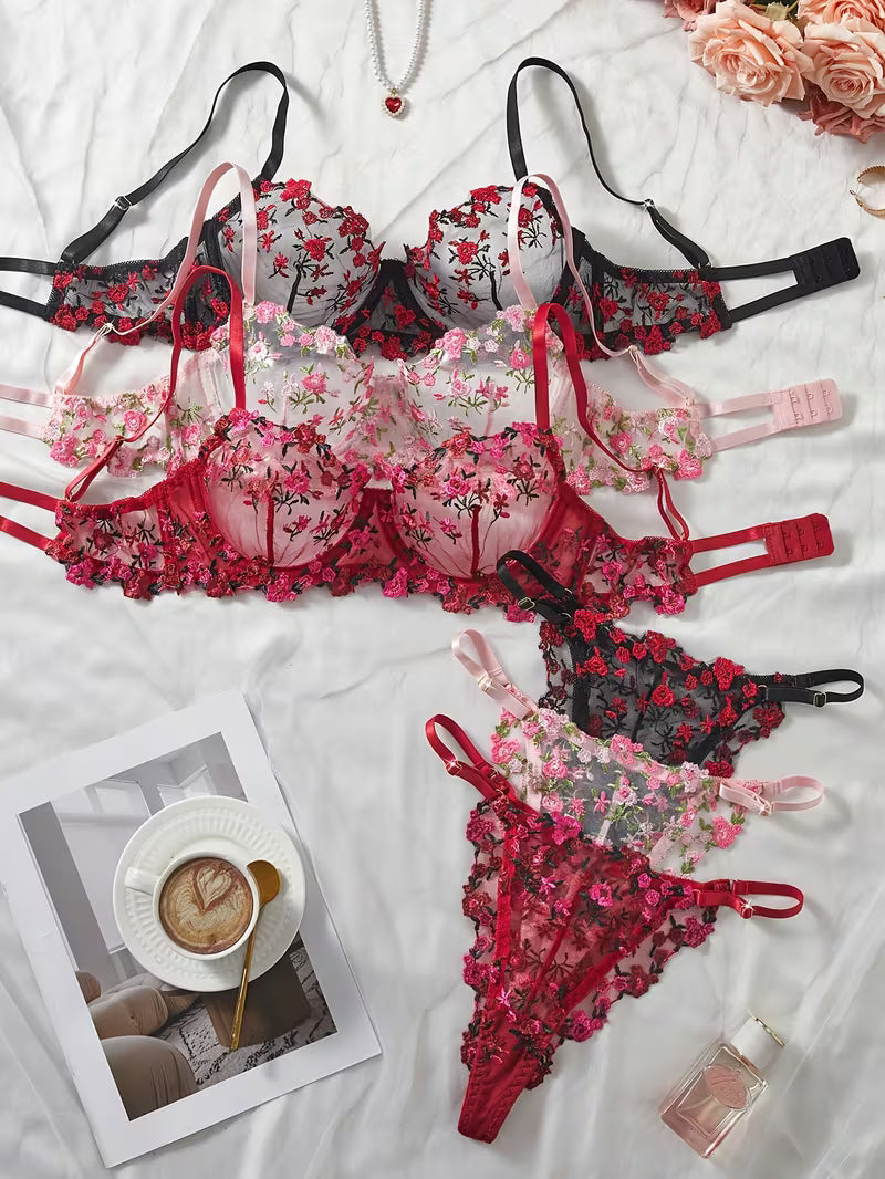 3pcs Women'S Lingerie Set, Embroidered Small Floral Sheer Bra And G-String Combination