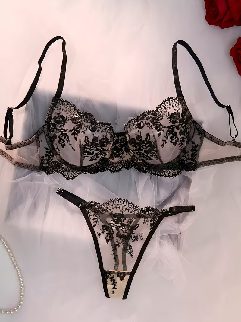 Women'S Multi-Color Daisy Embroidered Lingerie Set, Sheer Mesh Design, Underwire for Lift And Support Bra Set