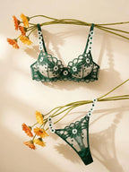 Women'S Multi-Color Daisy Embroidered Lingerie Set, Sheer Mesh Design, Underwire for Lift And Support Bra set