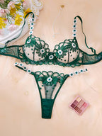 Women'S Multi-Color Daisy Embroidered Lingerie Set, Sheer Mesh Design, Underwire for Lift And Support Bra set