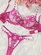 Women'S Multi-Color Daisy Embroidered Lingerie Set, Sheer Mesh Design, Underwire for Lift And Support Bra set
