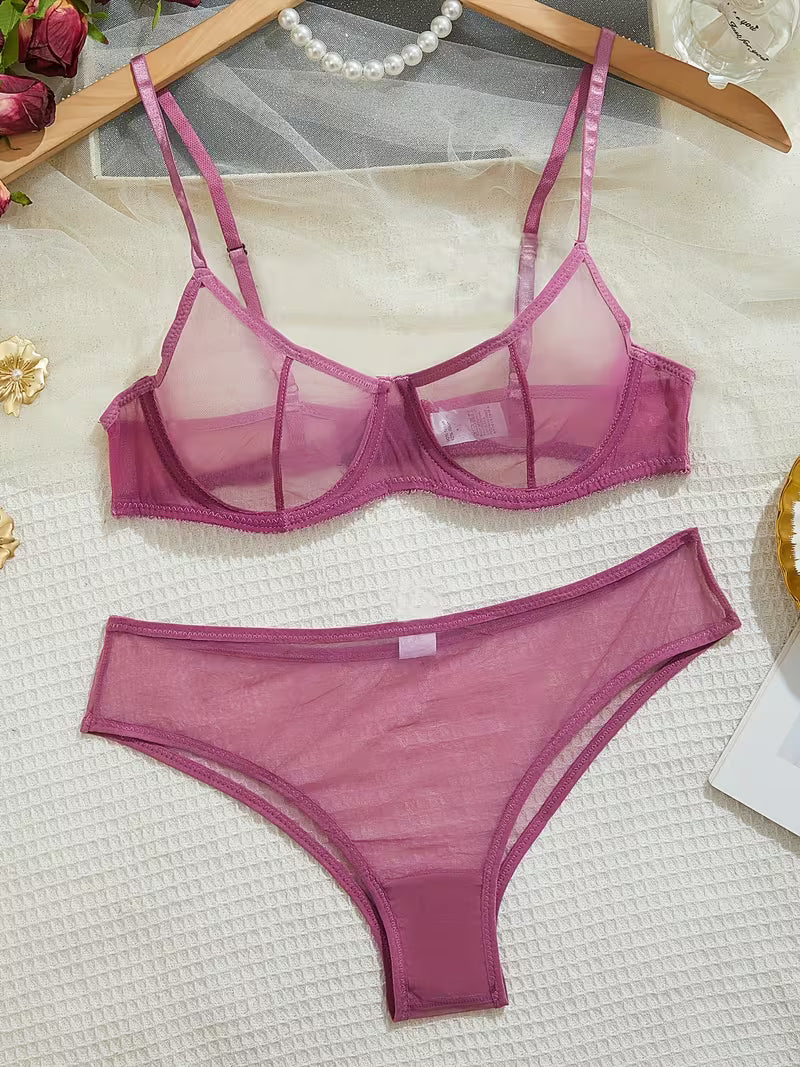 Women'S Sexy Mesh Floral Embroidery Lingerie Sheer Panties Camisole 2pcs Set