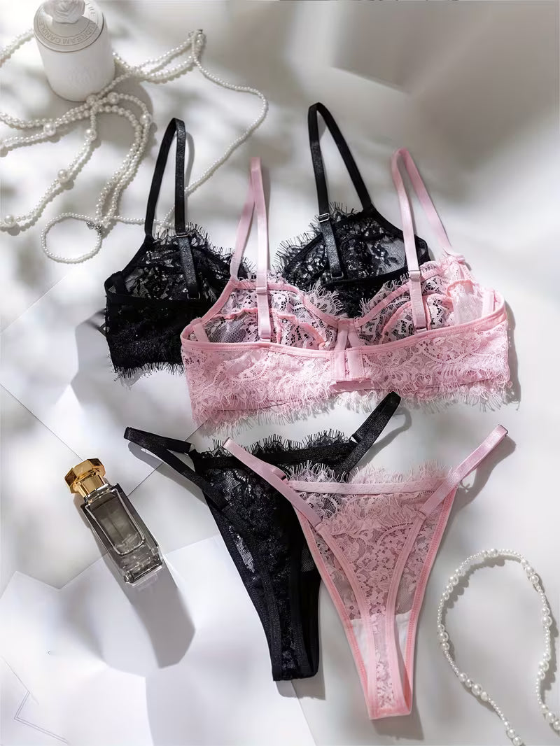 2pcs Set Two-Tone Lace Trim Underwire Sexy Women'S Lingerie 2pcs Set