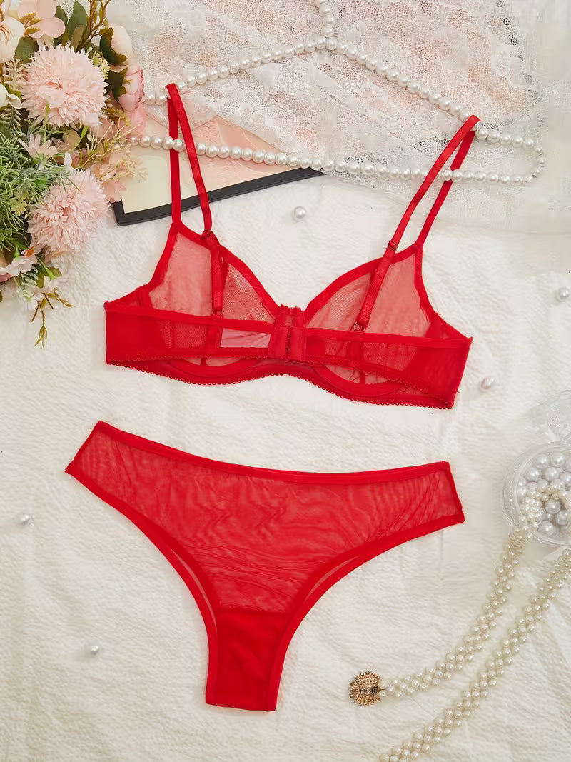 Women'S Sexy Mesh Floral Embroidery Lingerie Sheer Panties Camisole 2pcs Set