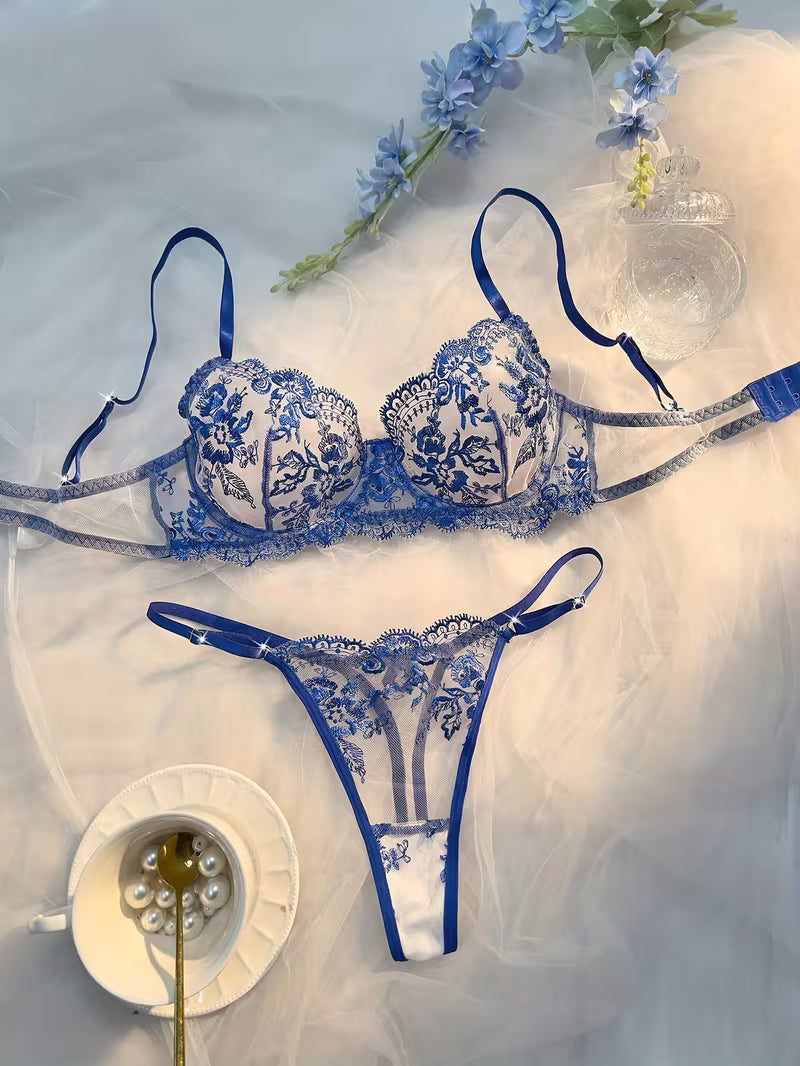 Women'S Multi-Color Daisy Embroidered Lingerie Set, Sheer Mesh Design, Underwire for Lift And Support Bra Set