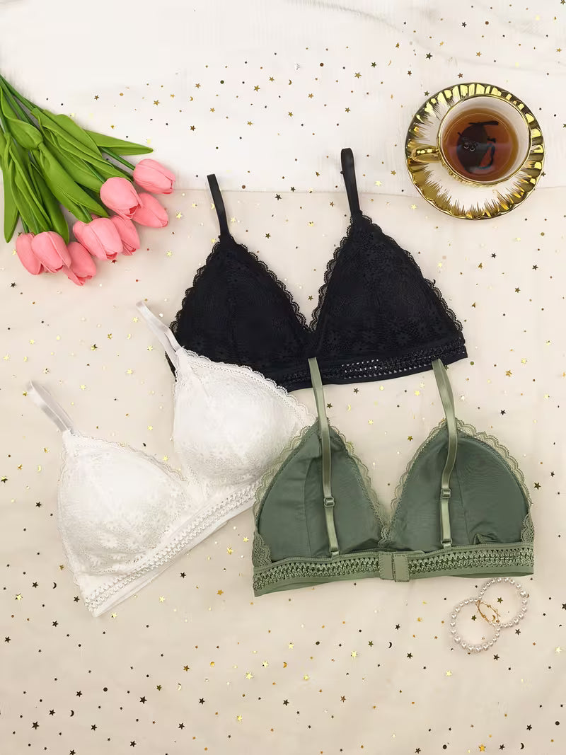 3pcs Set of Simple Floral Lace Women's Bra with Adjustable Straps. Wire-free