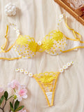Women'S Multi-Color Daisy Embroidered Lingerie Set, Sheer Mesh Design, Underwire for Lift And Support Bra set
