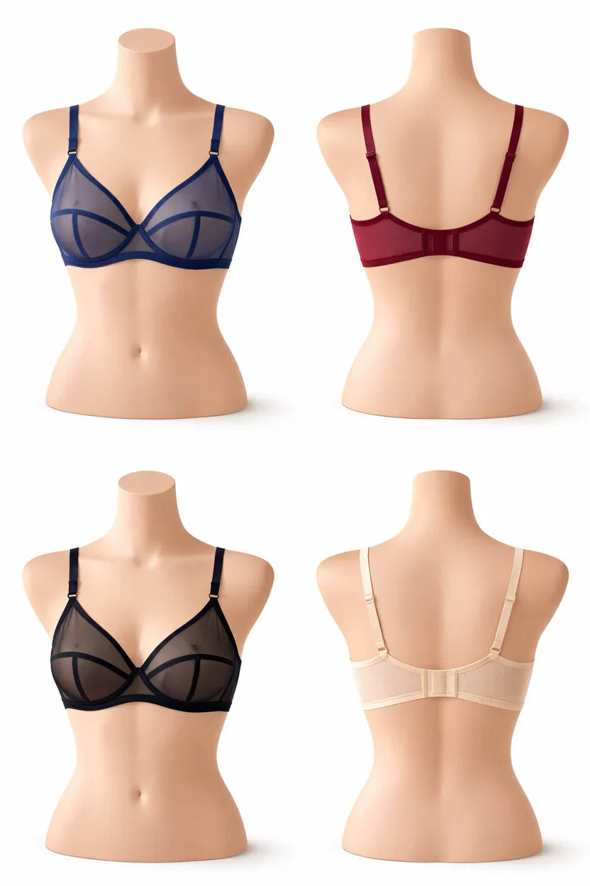 Pack of 2 Non-Padded & Non-Wired Full Net Transparent Cotton Bras – Soft & Comfortable